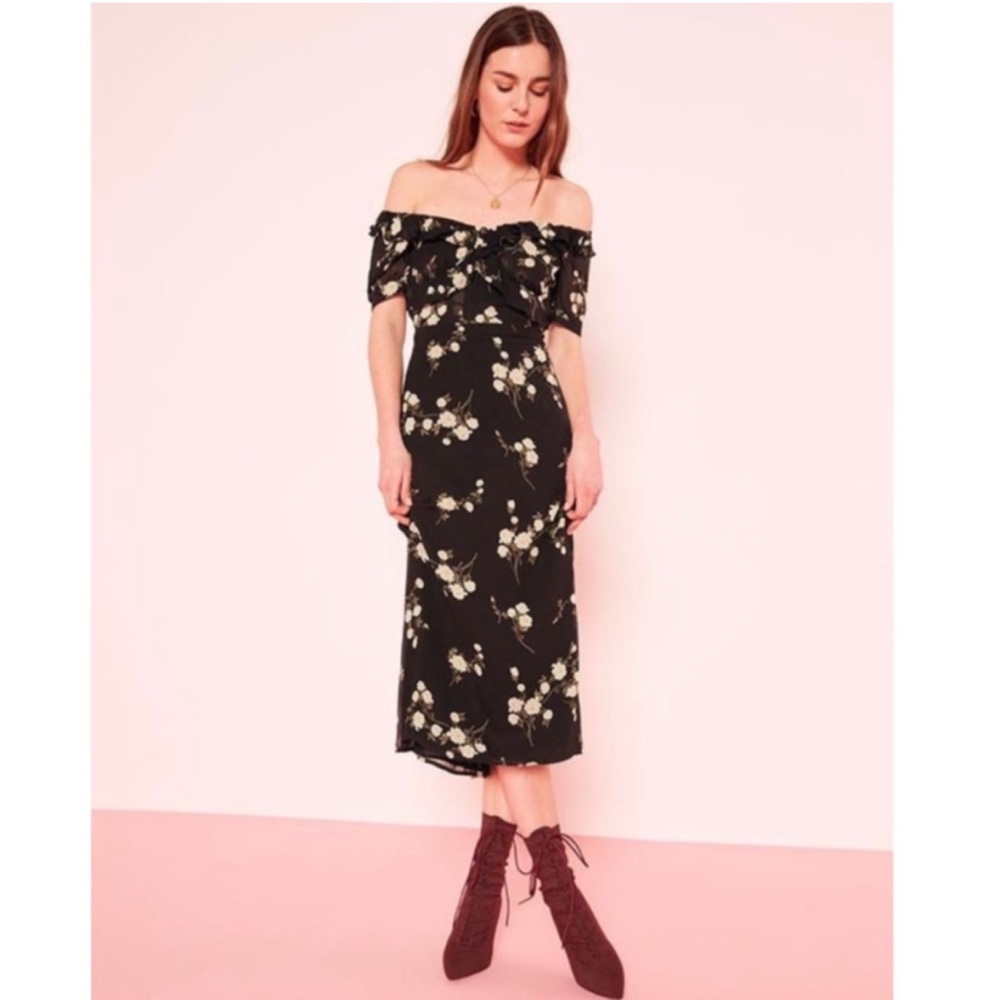 Reformation Inez Black Floral Off the Shoulder Midi Dress in Contessa Size 4 - Picture 2 of 10